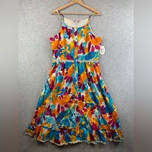 Harlow & Rose colorful cami top midi dress tropical full button lace ruffle trim